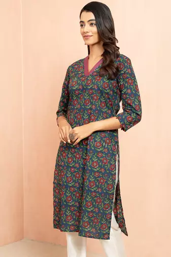 Wonavy blue kalamkari print cotton kurta - raksha bandhan special ethnic wear three quarter sleeve