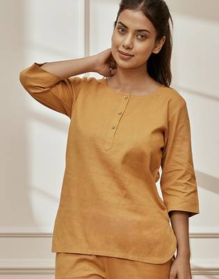 Wodusty saffron linen cotton yoga kurta with button closure & three quarter sleeves 1