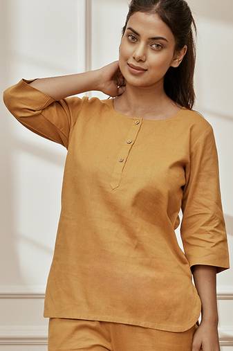 Women's dusty saffron linen cotton yoga kurta with button closure & three quarter sleeves