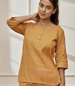 Wodusty saffron linen cotton yoga kurta with button closure & three quarter sleeves