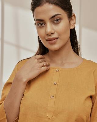 Wodusty saffron linen cotton yoga kurta with button closure & three quarter sleeves 2