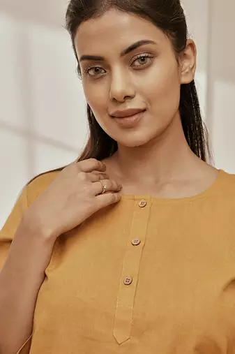 Wodusty saffron linen cotton yoga kurta with button closure & three quarter sleeves
