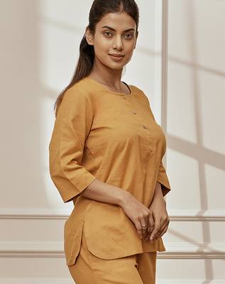 Wodusty saffron linen cotton yoga kurta with button closure & three quarter sleeves 3