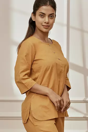 Wodusty saffron linen cotton yoga kurta with button closure & three quarter sleeves