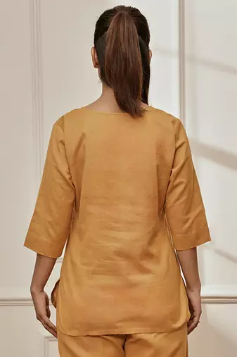 Wodusty saffron linen cotton yoga kurta with button closure & three quarter sleeves
