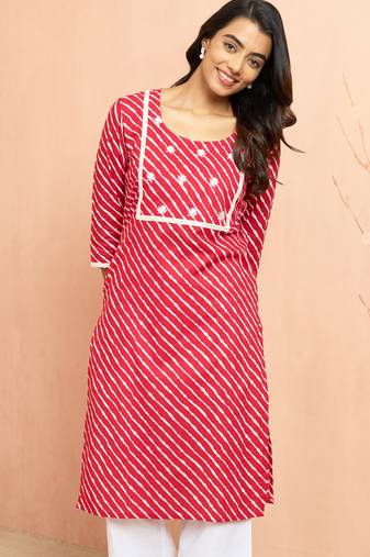 Women's red lehariya print embroidered kurta - traditional raksha bandhan thread work ethnic dress