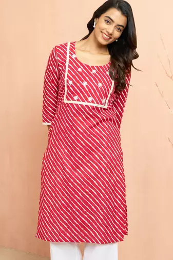 Women's red lehariya print embroidered kurta - traditional raksha bandhan thread work ethnic dress