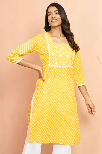 Women's yellow lehariya print embroidered kurta - raksha bandhan thread work ethnic dress