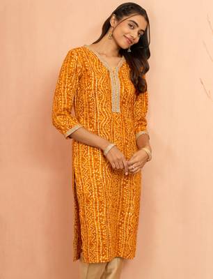 Womustard bandhani foil print kurta - bright raksha bandhan digital print ethnic dress 1