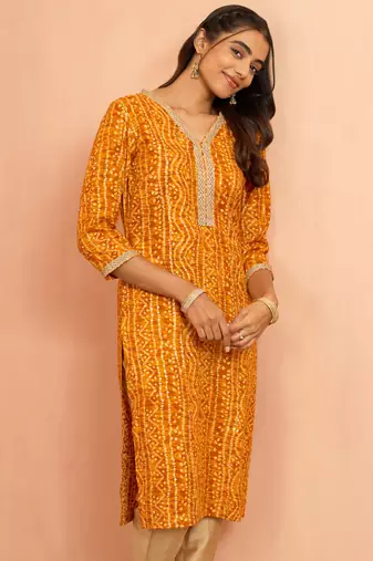 Women's mustard bandhani foil print kurta - bright raksha bandhan digital print ethnic dress