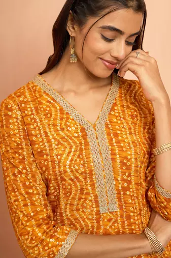 Womustard bandhani foil print kurta - bright raksha bandhan digital print ethnic dress
