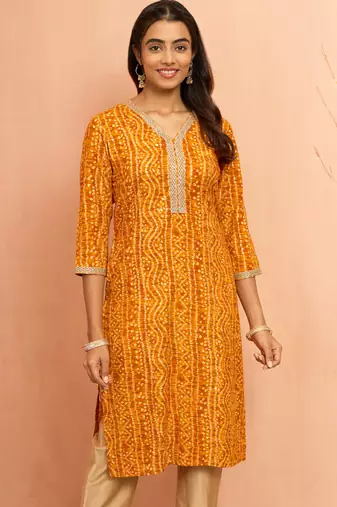 Womustard bandhani foil print kurta - bright raksha bandhan digital print ethnic dress