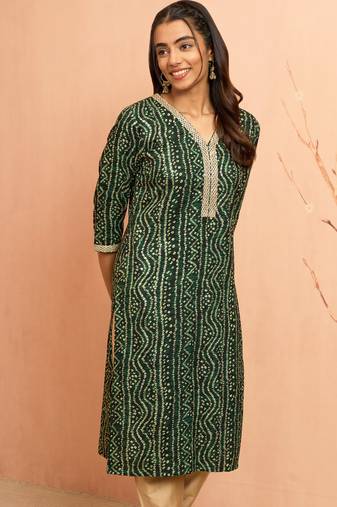Women's green bandhani foil print kurta - festive raksha bandhan digital print ethnic wear