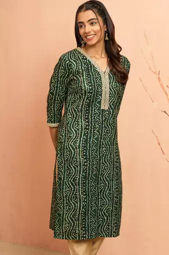 Women's green bandhani foil print kurta - festive raksha bandhan digital print ethnic wear