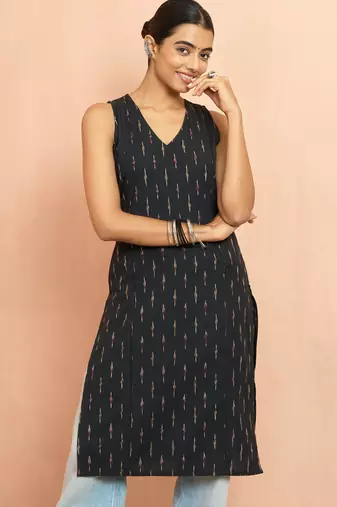 Women's black cotton ikkat sleeveless kurta - contemporary rakhi outfit traditional ethnic dress