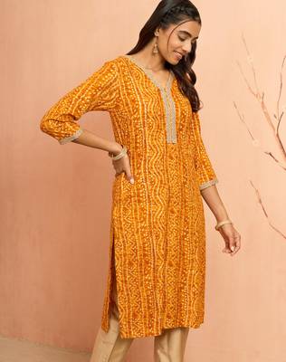 Womustard bandhani foil print kurta - bright raksha bandhan digital print ethnic dress 4