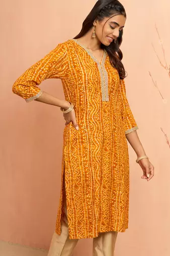 Womustard bandhani foil print kurta - bright raksha bandhan digital print ethnic dress