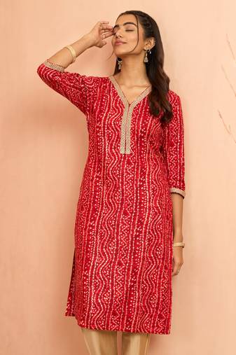 Women's red bandhani foil print kurta - raksha bandhan digital print rayon ethnic dress