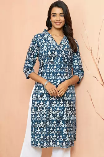 Women's blue cotton batik kurta - traditional rakhi outfit with geometric print ethnic dress
