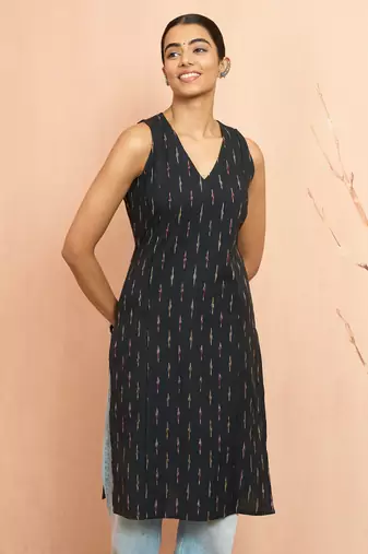 Woblack cotton ikkat sleeveless kurta - contemporary rakhi outfit traditional ethnic dress