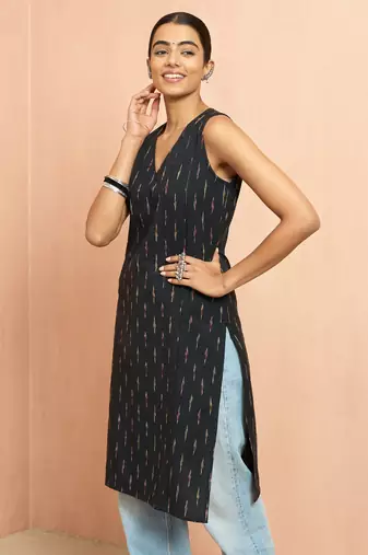 Woblack cotton ikkat sleeveless kurta - contemporary rakhi outfit traditional ethnic dress
