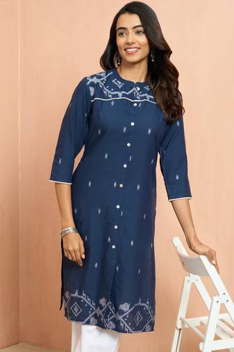 Women's navy blue jamdani jacquard kurta - traditional raksha bandhan cotton ethnic wear