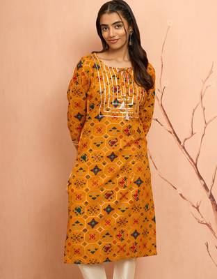 Womustard patola print foil kurta - bright raksha bandhan heritage digital print ethnic dress 1