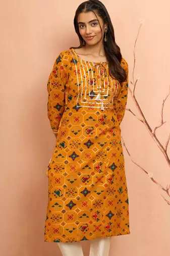 Women's mustard patola print foil kurta - bright raksha bandhan heritage digital print ethnic dress