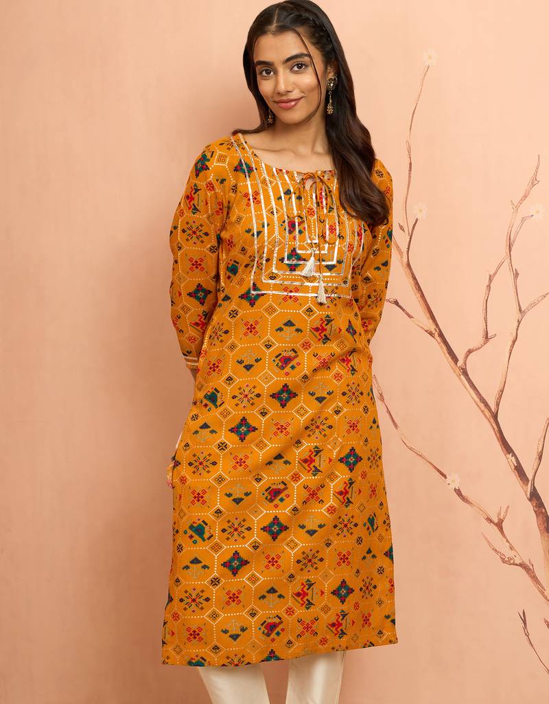 Women's mustard patola print foil kurta - bright raksha bandhan heritage digital print ethnic dress