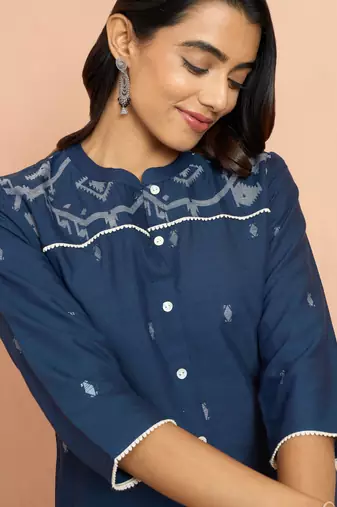 Wonavy blue jamdani jacquard kurta - traditional raksha bandhan cotton ethnic wear