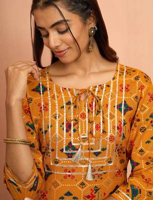Womustard patola print foil kurta - bright raksha bandhan heritage digital print ethnic dress 2