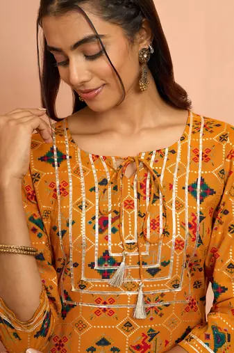 Womustard patola print foil kurta - bright raksha bandhan heritage digital print ethnic dress