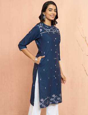 Wonavy blue jamdani jacquard kurta - traditional raksha bandhan cotton ethnic wear 4