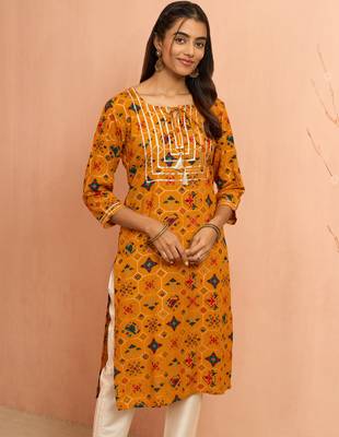 Womustard patola print foil kurta - bright raksha bandhan heritage digital print ethnic dress 4