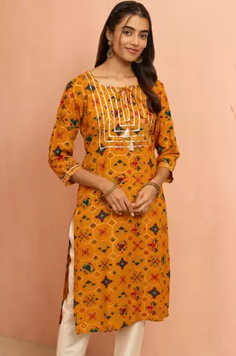 Womustard patola print foil kurta - bright raksha bandhan heritage digital print ethnic dress