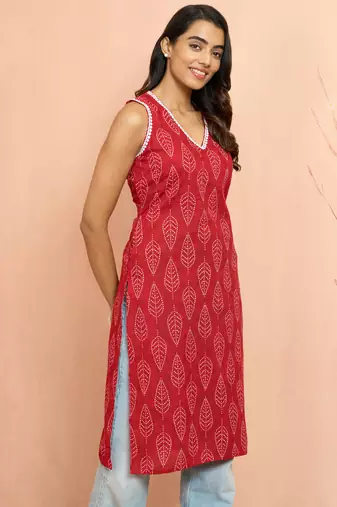 Women's red floral print kurta - sleeveless raksha bandhan cambric cotton ethnic top