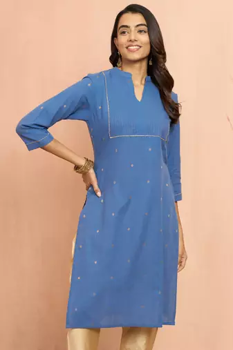 Women's blue cotton lurex dobby kurta - glamorous rakhi metallic pattern ethnic dress