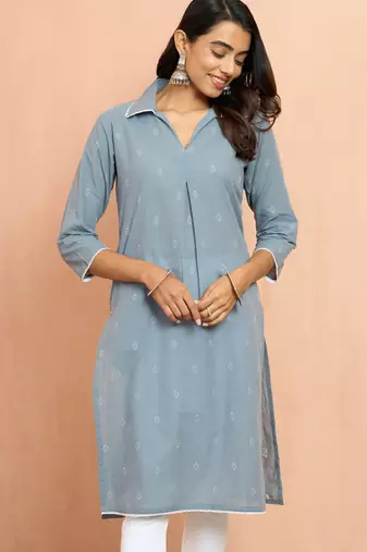 Women's grey cotton dobby kurta - modern raksha bandhan geometric pattern ethnic wear