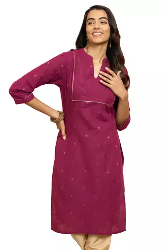 Women's wine cotton lurex dobby kurta - elegant raksha bandhan metallic thread ethnic wear