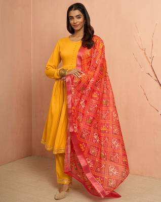 Womustard rayon anarkali kurta set - traditional raksha bandhan festive ethnic dress 1