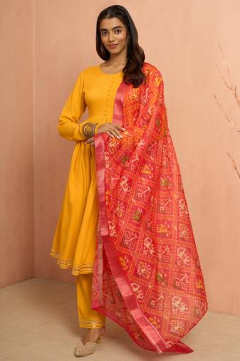 Women's mustard rayon anarkali kurta set - traditional raksha bandhan festive ethnic dress