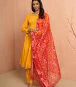 Womustard rayon anarkali kurta set - traditional raksha bandhan festive ethnic dress