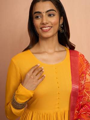 Womustard rayon anarkali kurta set - traditional raksha bandhan festive ethnic dress 2