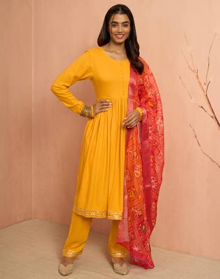 Womustard rayon anarkali kurta set - traditional raksha bandhan festive ethnic dress 3