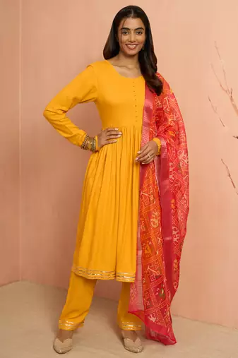 Womustard rayon anarkali kurta set - traditional raksha bandhan festive ethnic dress