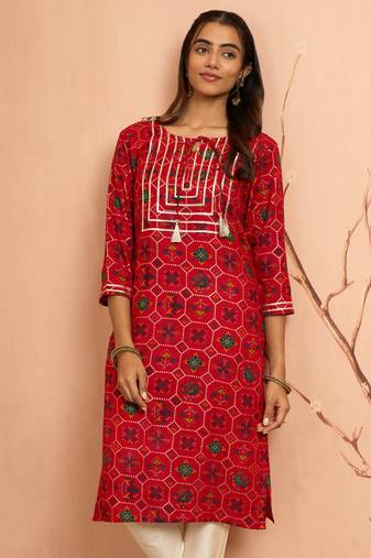 Women's red patola print foil kurta - festive raksha bandhan traditional digital print ethnic wear