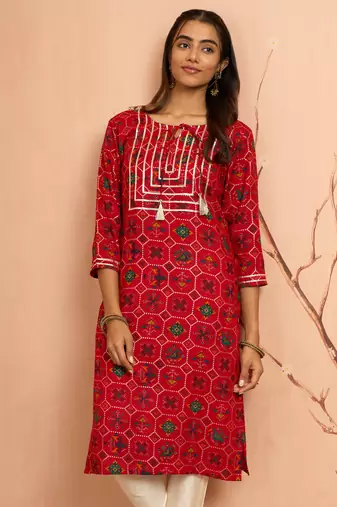 Women's red patola print foil kurta - festive raksha bandhan traditional digital print ethnic wear