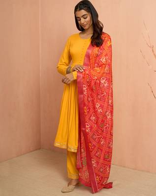 Womustard rayon anarkali kurta set - traditional raksha bandhan festive ethnic dress 4