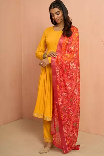 Womustard rayon anarkali kurta set - traditional raksha bandhan festive ethnic dress