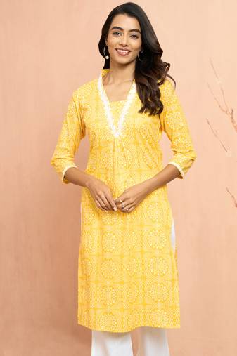 Women's yellow bandhani print kurta - bright rakhi traditional cambric cotton ethnic top